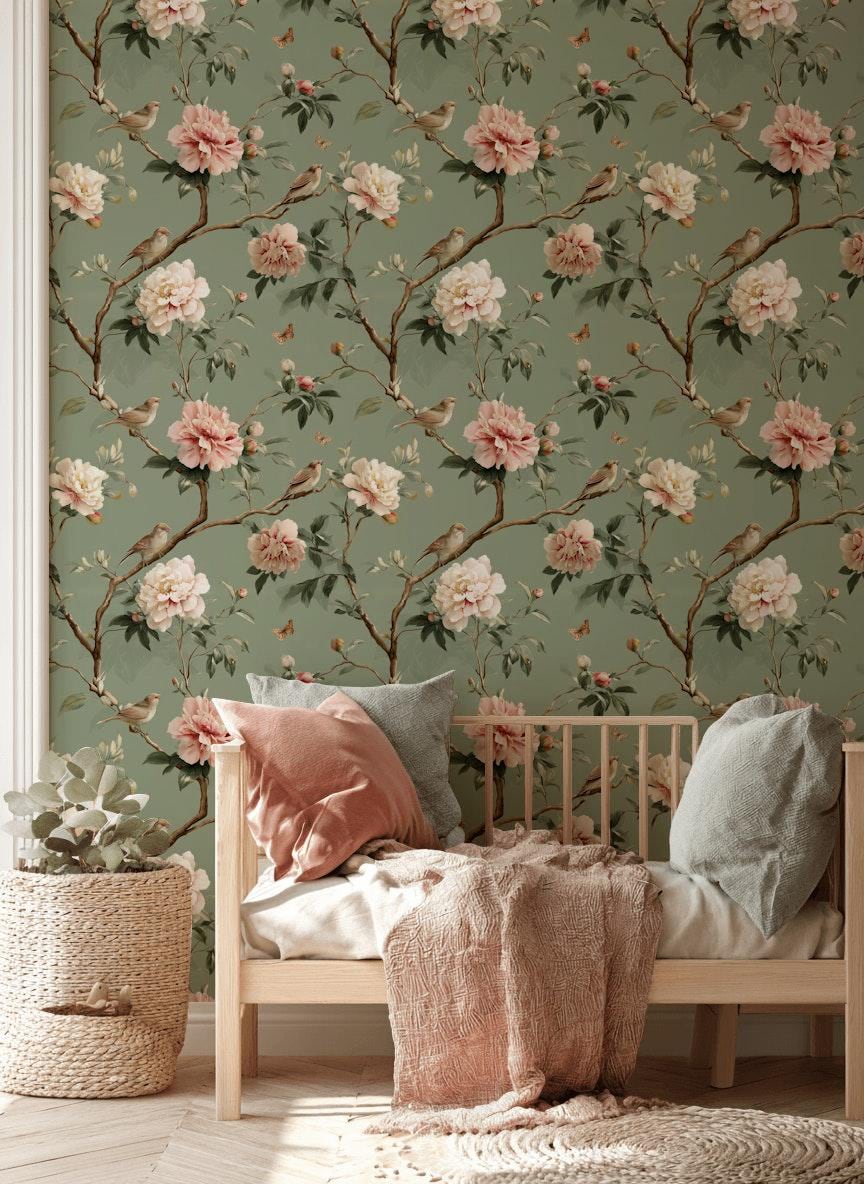 Vintage Floral Wallpaper Peony Blossoms Sage Green Background Wall Mural