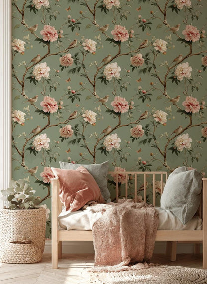 Vintage Floral Wallpaper Peony Blossoms Sage Green Background Wall Mural