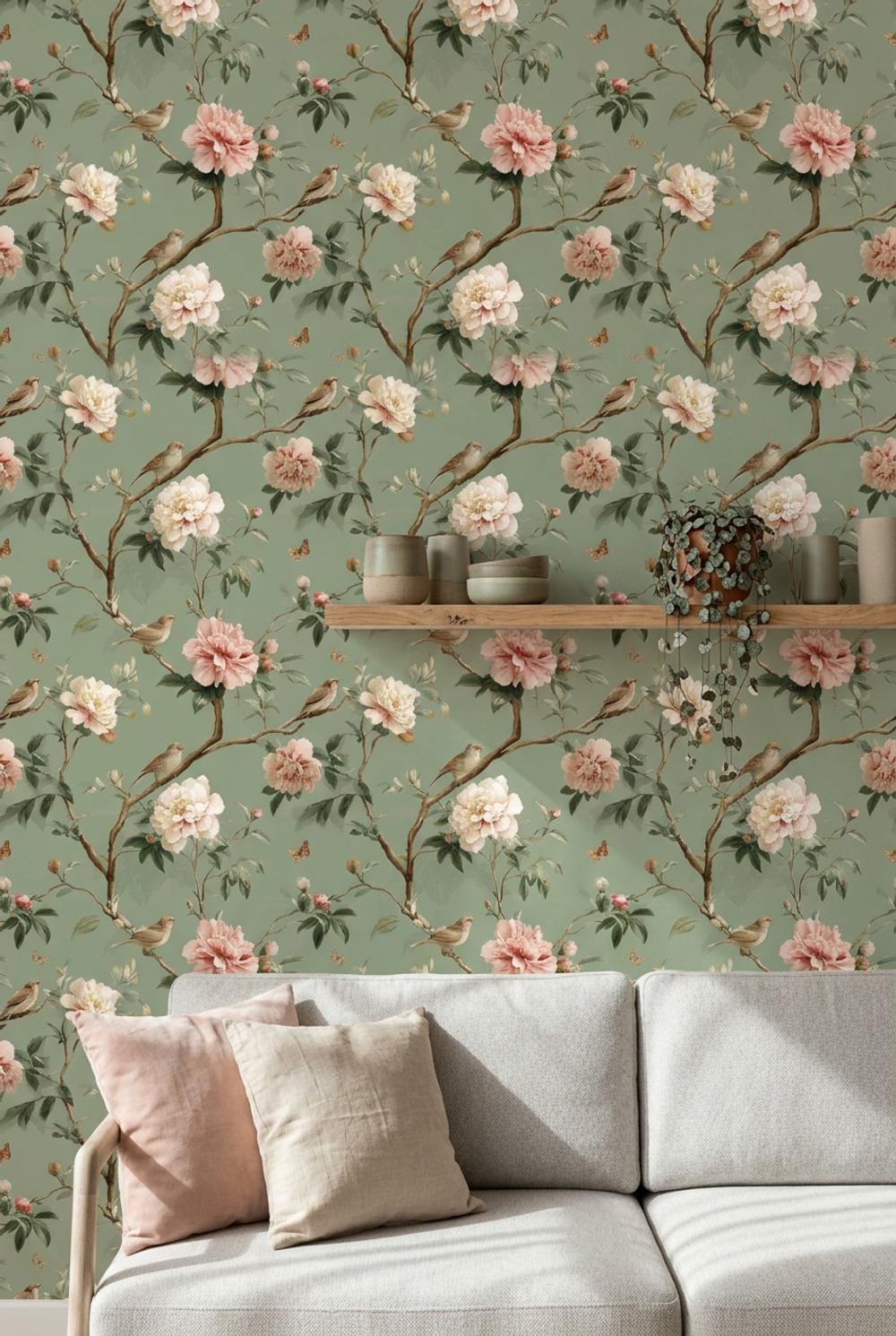 Vintage Floral Wallpaper Peony Blossoms Sage Green Background Wall Mural
