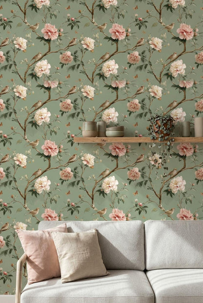 Vintage Floral Wallpaper Peony Blossoms Sage Green Background Wall Mural
