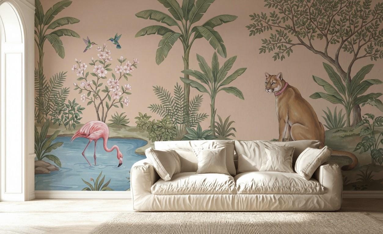 Tropical Landscape Wallpaper Beige Background Pink Flamingo Wall Mural