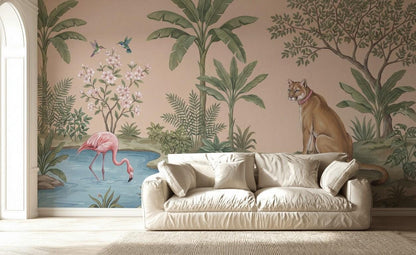 Tropical Landscape Wallpaper Beige Background Pink Flamingo Wall Mural