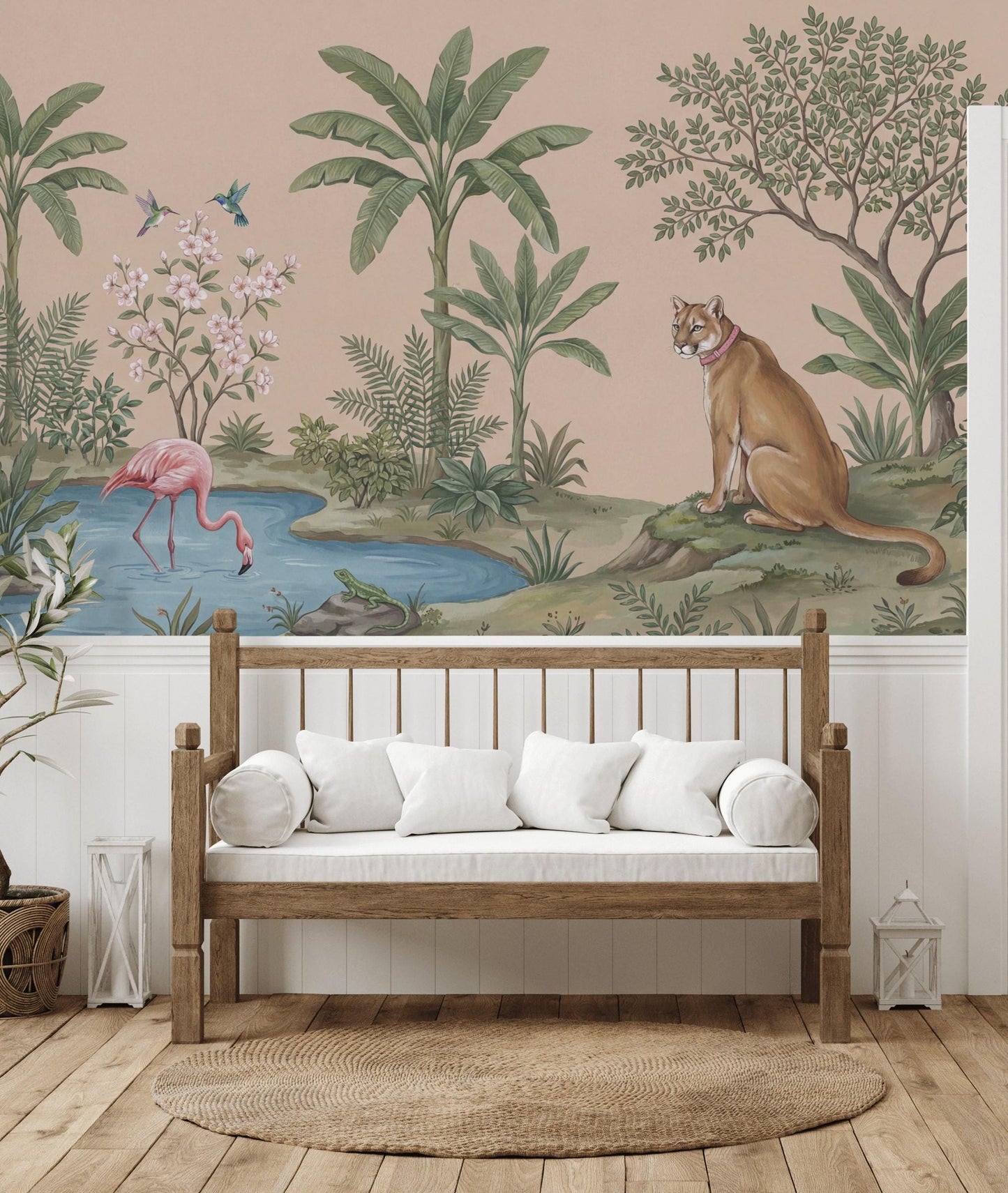 Tropical Landscape Wallpaper Beige Background Pink Flamingo Wall Mural
