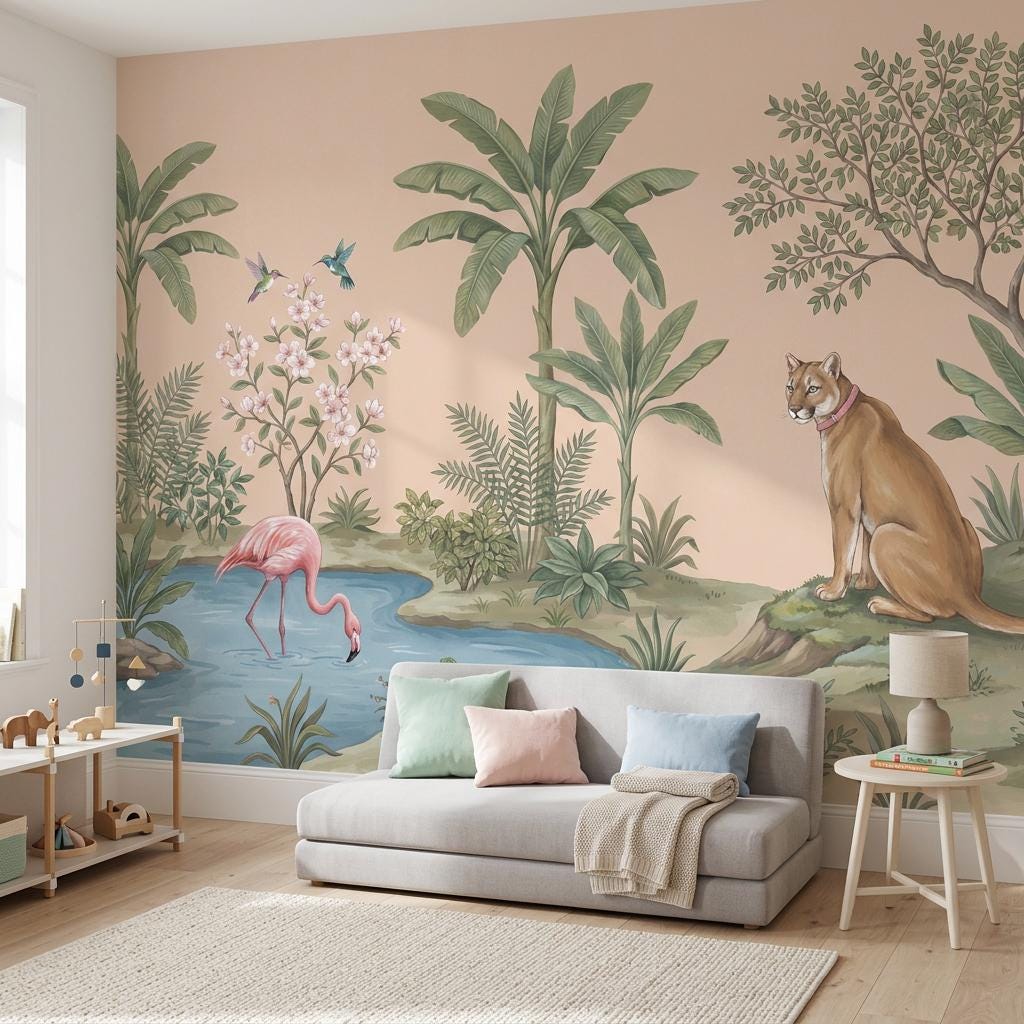 Tropical Landscape Wallpaper Beige Background Pink Flamingo Wall Mural