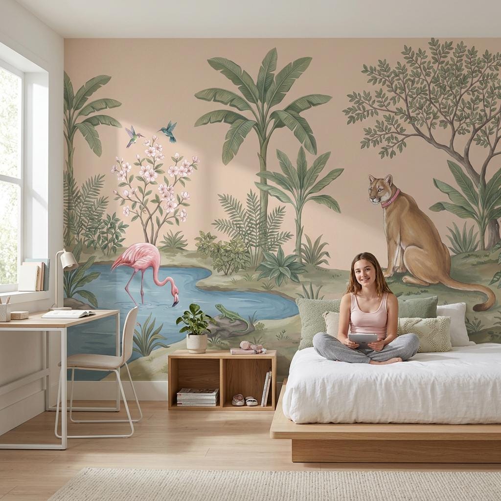 Tropical Landscape Wallpaper Beige Background Pink Flamingo Wall Mural