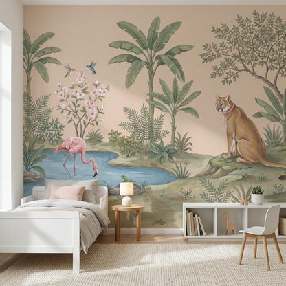 Tropical Landscape Wallpaper Beige Background Pink Flamingo Wall Mural