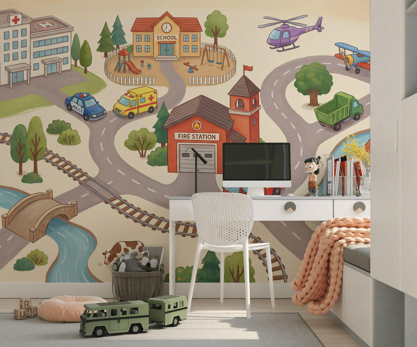 Town Illustration Wallpaper Buildings Playful Wall Mural