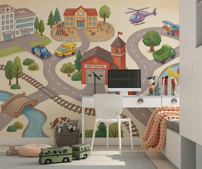 Town Illustration Wallpaper Buildings Playful Wall Mural