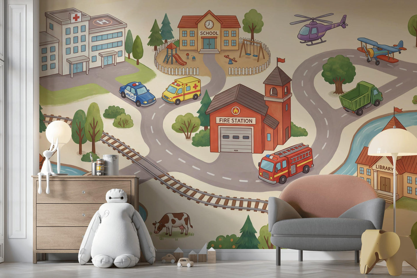 Town Illustration Wallpaper Buildings Playful Wall Mural