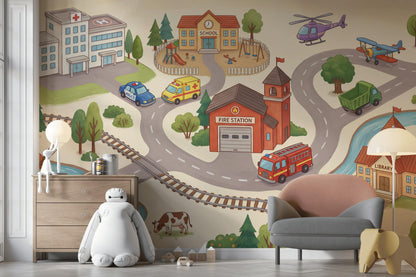 Town Illustration Wallpaper Buildings Playful Wall Mural