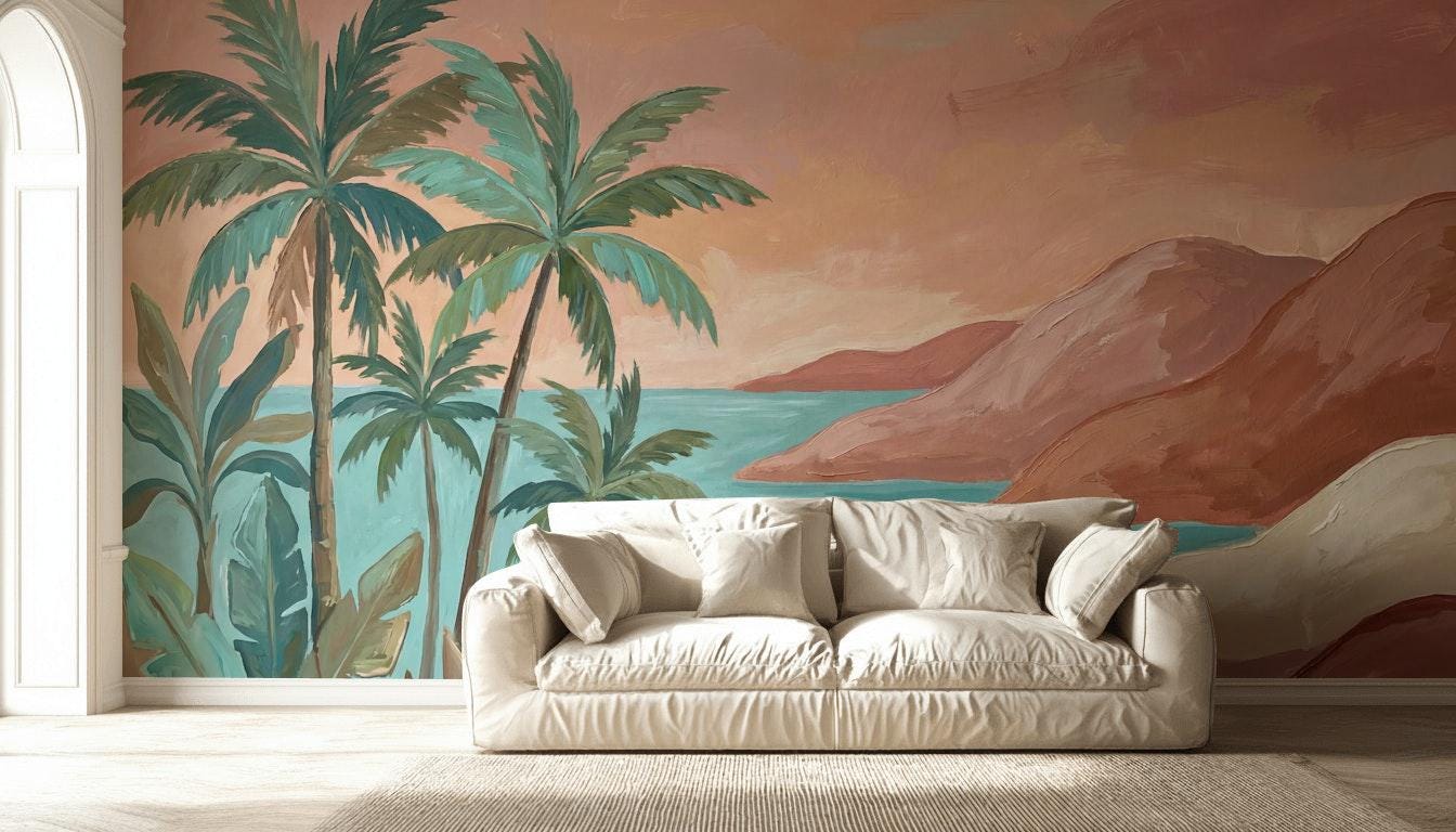 Tropical Landscape Wallpaper Palm Trees Coastal Bay Wall Mural