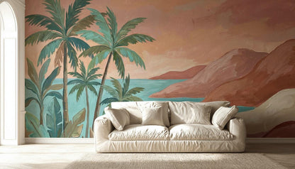Tropical Landscape Wallpaper Palm Trees Coastal Bay Wall Mural