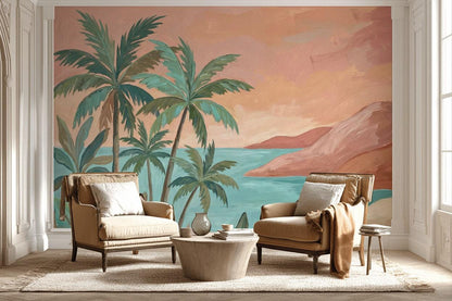 Tropical Landscape Wallpaper Palm Trees Coastal Bay Wall Mural