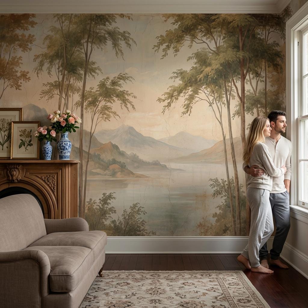 Pastoral Landscape Wallpaper Lake View Misty Mountains Wall Mural