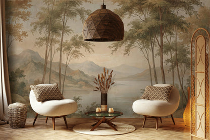 Pastoral Landscape Wallpaper Lake View Misty Mountains Wall Mural