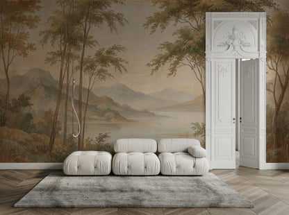 Pastoral Landscape Wallpaper Lake View Misty Mountains Wall Mural