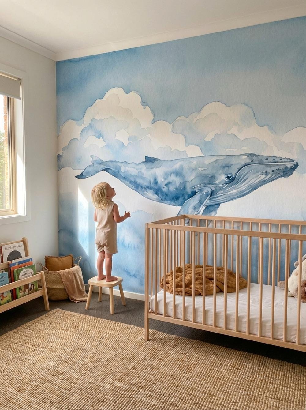 Watercolor Whale and Clouds Nursery Wallpaper (Peel & Stick)