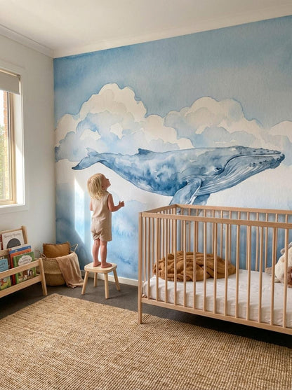Watercolor Whale and Clouds Nursery Wallpaper (Peel & Stick)