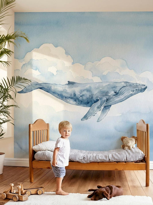 Watercolor Whale and Clouds Nursery Wallpaper (Peel & Stick)