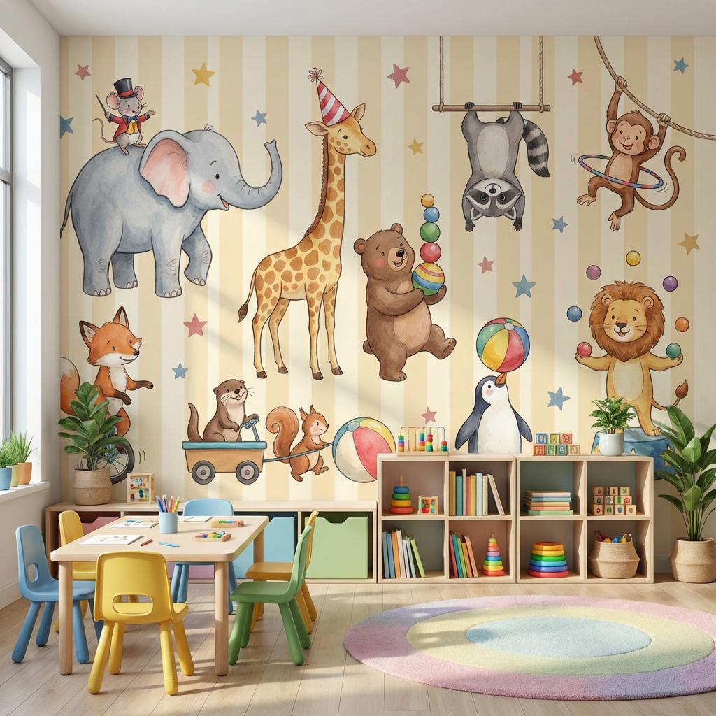 Circus Animals Wallpaper Kids Wallpaper Watercolor Illustration Wall Mural