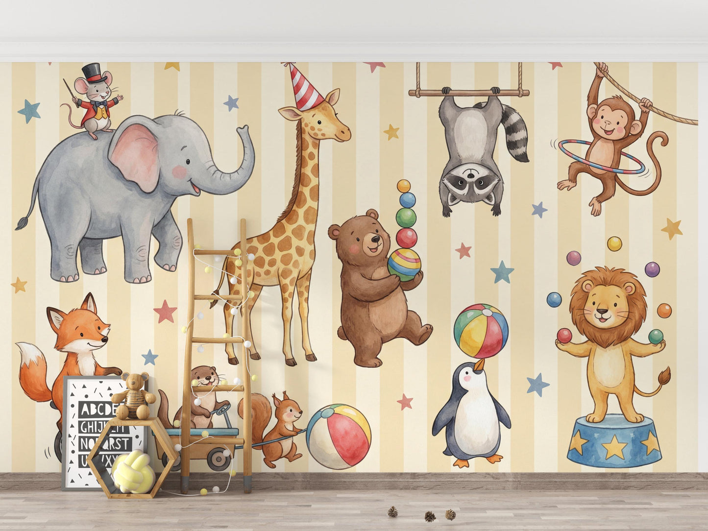 Circus Animals Wallpaper Kids Wallpaper Watercolor Illustration Wall Mural