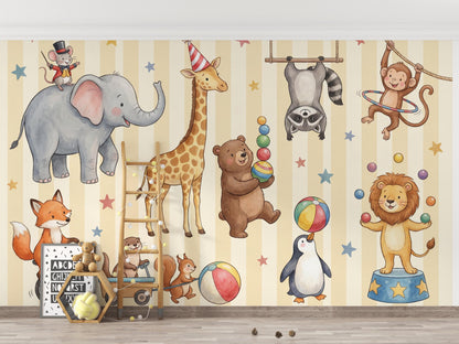 Circus Animals Wallpaper Kids Wallpaper Watercolor Illustration Wall Mural