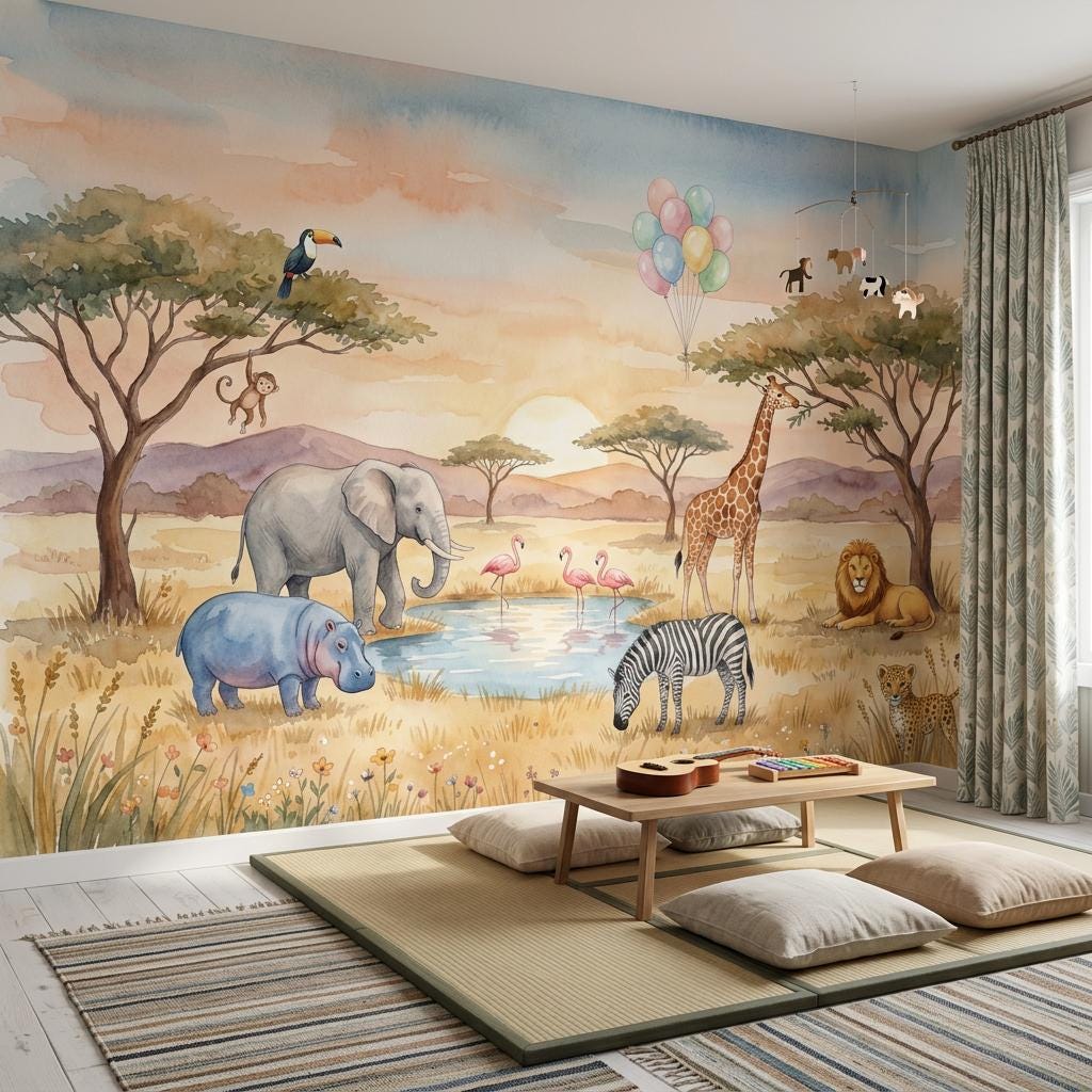 Safari Wallpaper Savanna Watercolor Wall Mural