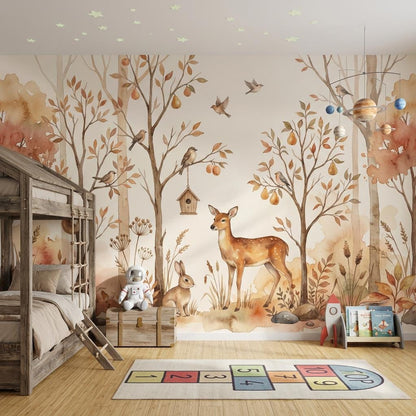 Watercolor Woodland Wallpaper Autumn Forest Birds And Birdhouse Wall Mural