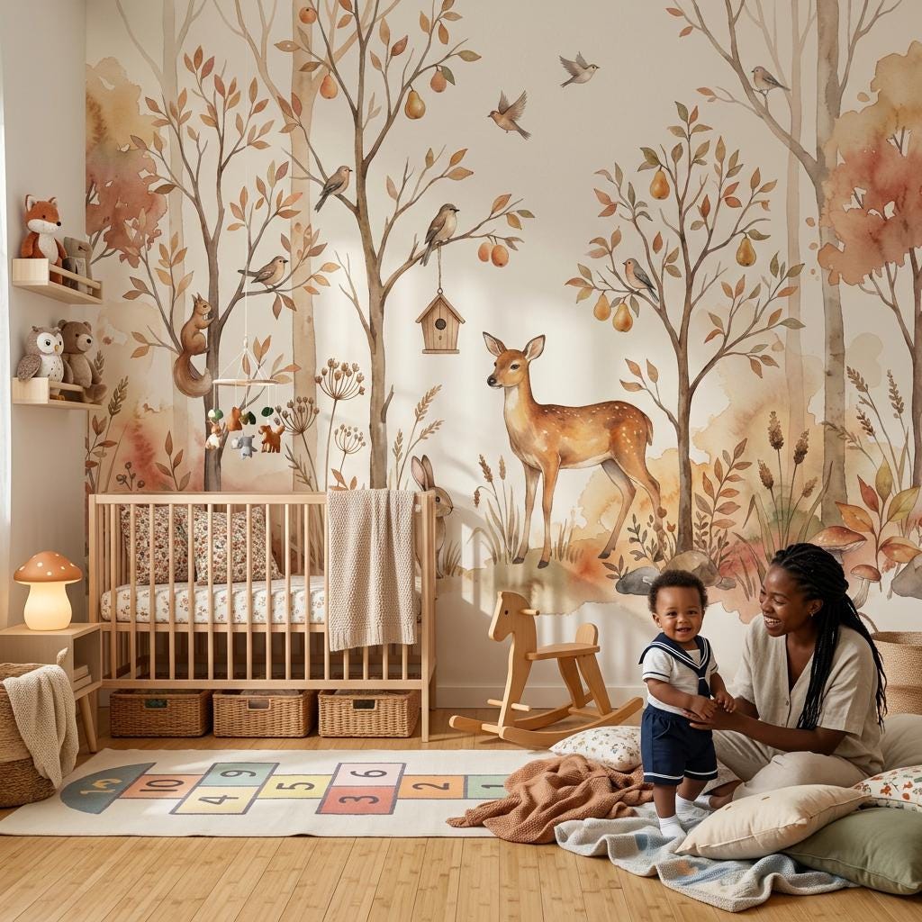 Watercolor Woodland Wallpaper Autumn Forest Birds And Birdhouse Wall Mural