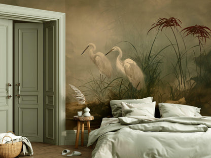 Misty Wetland Wallpaper Egrets Reeds And Grasses Wall Mural