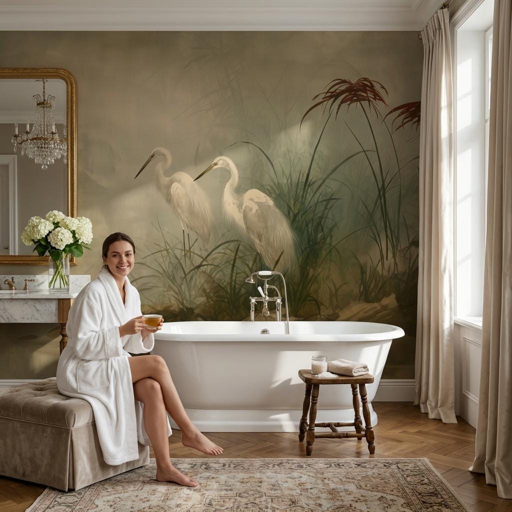 Misty Wetland Wallpaper Egrets Reeds And Grasses Wall Mural