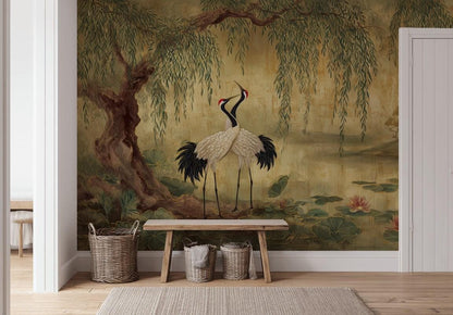 Lotus Pond Wallpaper Cranes Willow Tree Wall Mural