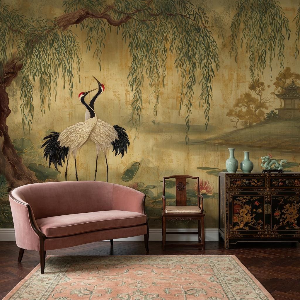 Lotus Pond Wallpaper Cranes Willow Tree Wall Mural