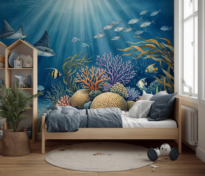 Ocean Reef Wallpaper Underwater Sun Rays Wall Mural