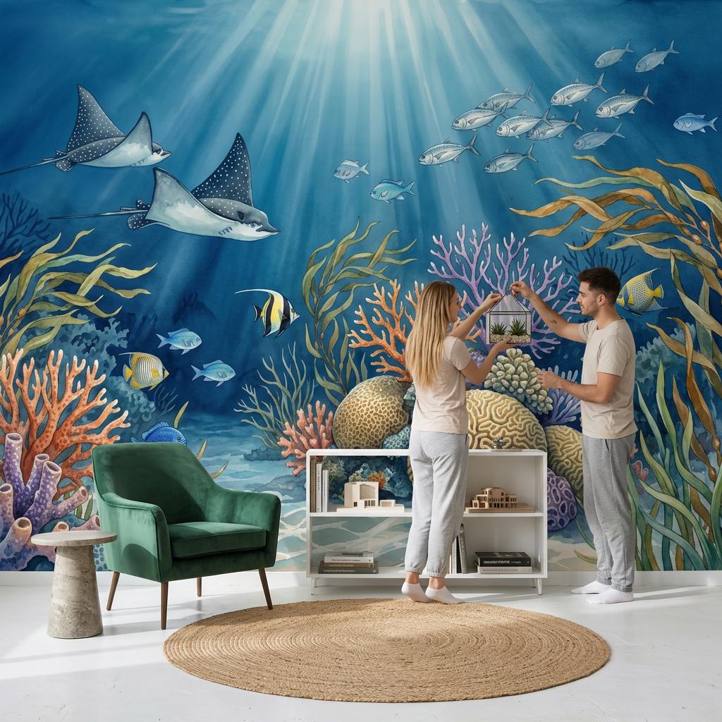Ocean Reef Wallpaper Underwater Sun Rays Wall Mural
