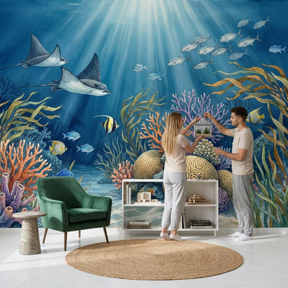 Ocean Reef Wallpaper Underwater Sun Rays Wall Mural