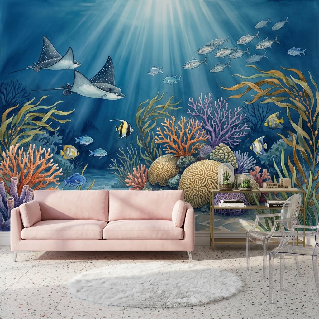 Ocean Reef Wallpaper Underwater Sun Rays Wall Mural