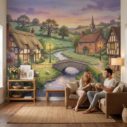 English Countryside Wallpaper Storybook Village Stone Bridge Wall Mural