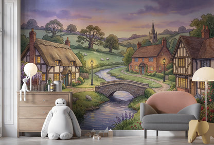 English Countryside Wallpaper Storybook Village Stone Bridge Wall Mural