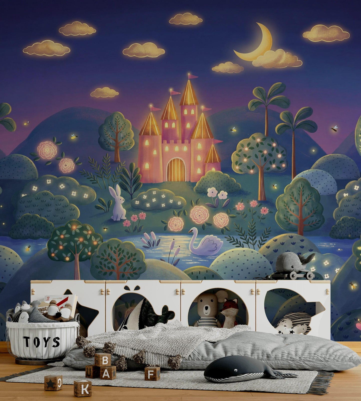Fairytale Castle Wallpaper Crescent Moon Storybook Illustration Wall Mural