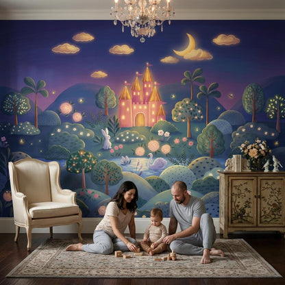Fairytale Castle Wallpaper Crescent Moon Storybook Illustration Wall Mural