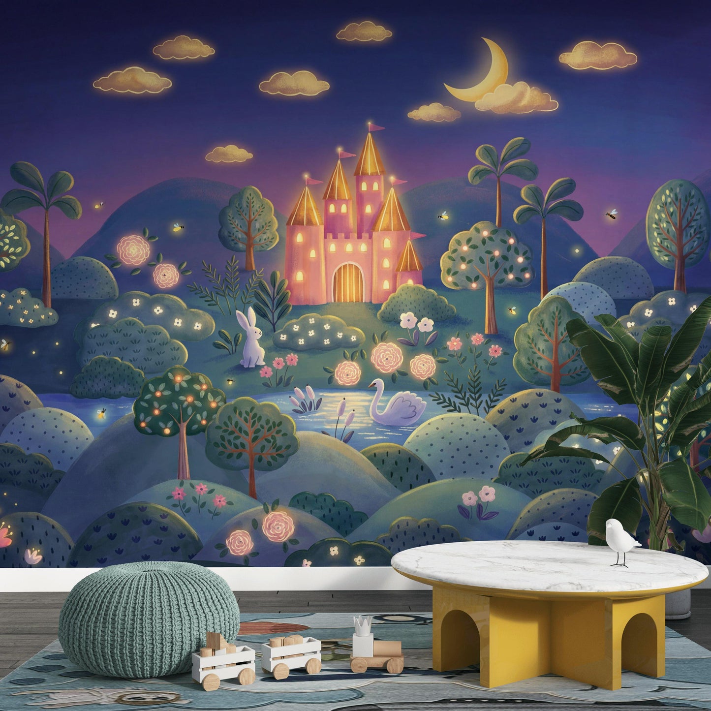 Fairytale Castle Wallpaper Crescent Moon Storybook Illustration Wall Mural