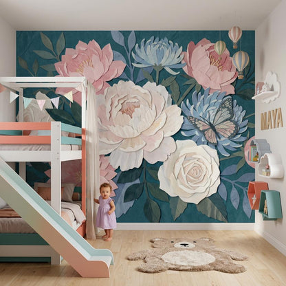 Wrinkled Paper Wallpaper Floral Butterfly Wall Mural