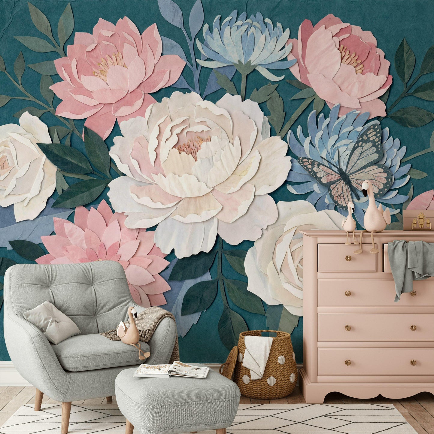 Wrinkled Paper Wallpaper Floral Butterfly Wall Mural