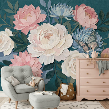 Wrinkled Paper Wallpaper Floral Butterfly Wall Mural