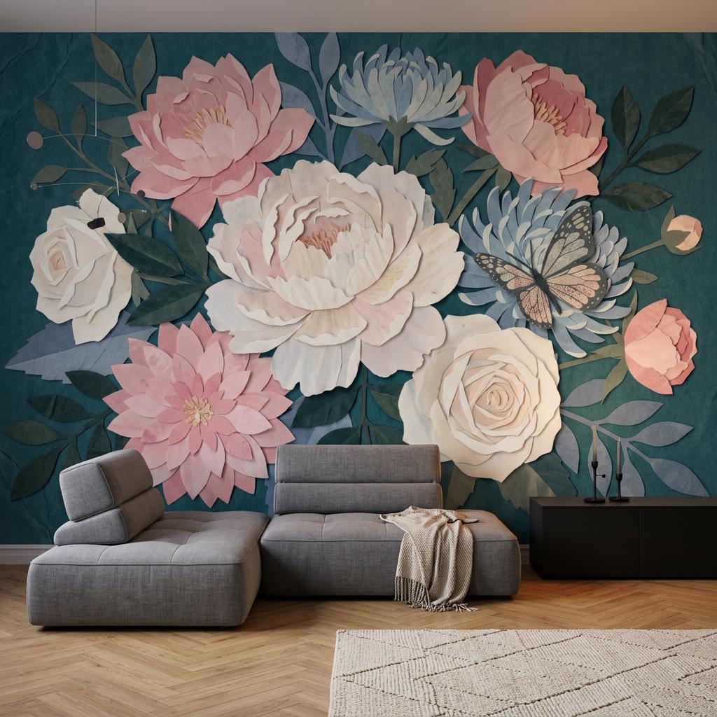 Wrinkled Paper Wallpaper Floral Butterfly Wall Mural