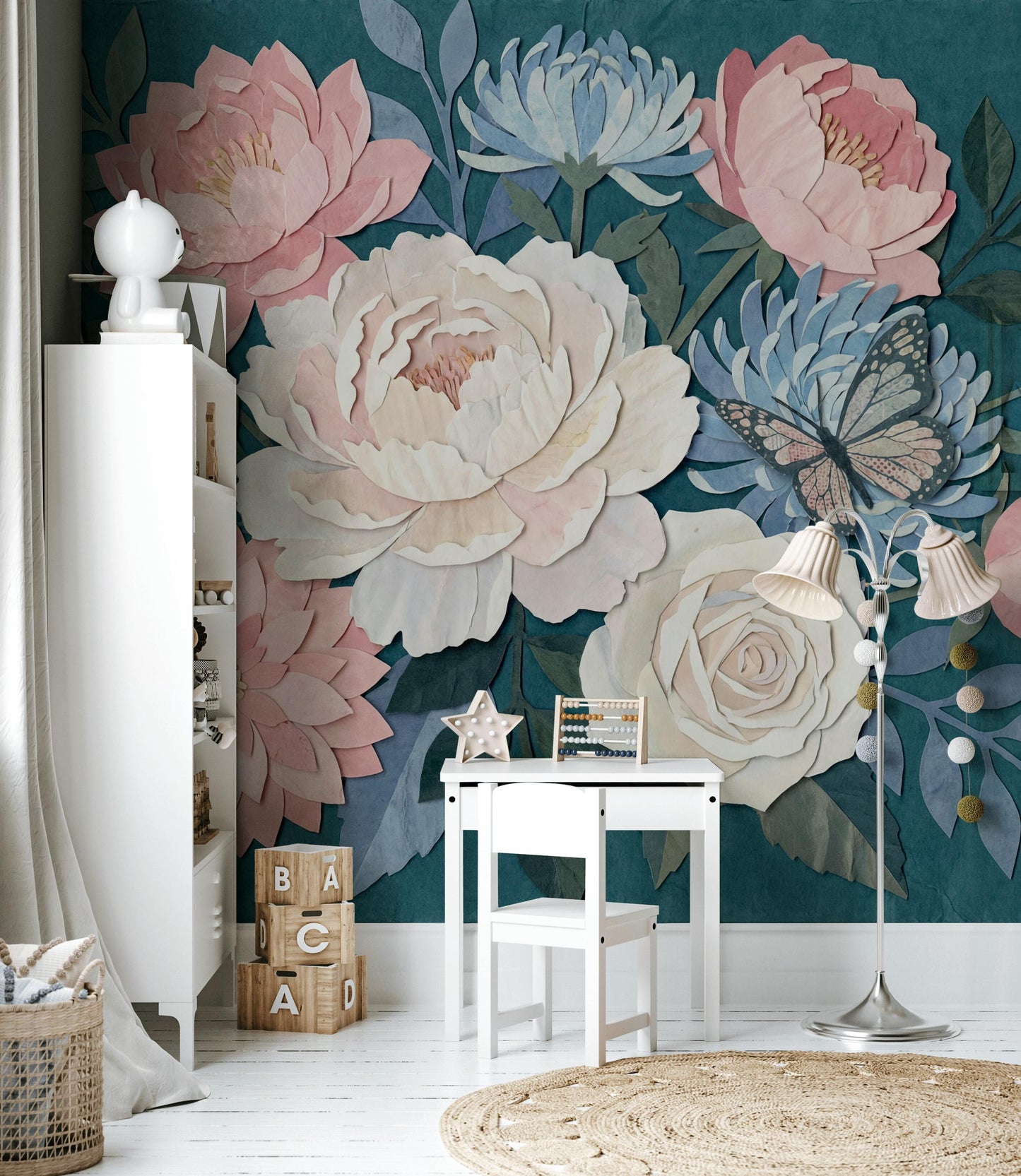 Wrinkled Paper Wallpaper Floral Butterfly Wall Mural