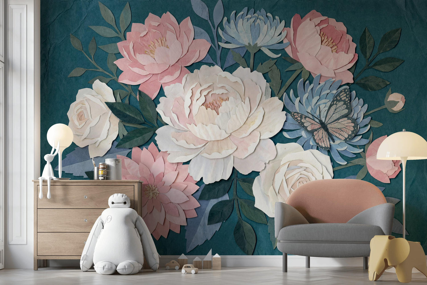Wrinkled Paper Wallpaper Floral Butterfly Wall Mural