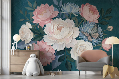 Wrinkled Paper Wallpaper Floral Butterfly Wall Mural