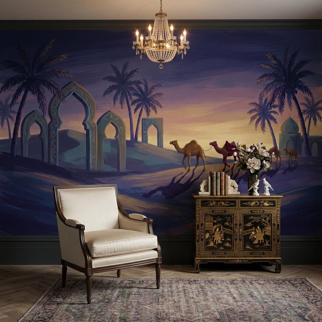 Dark Desert Sunset Wallpaper Camel Caravan Islamic Arches Wall Mural